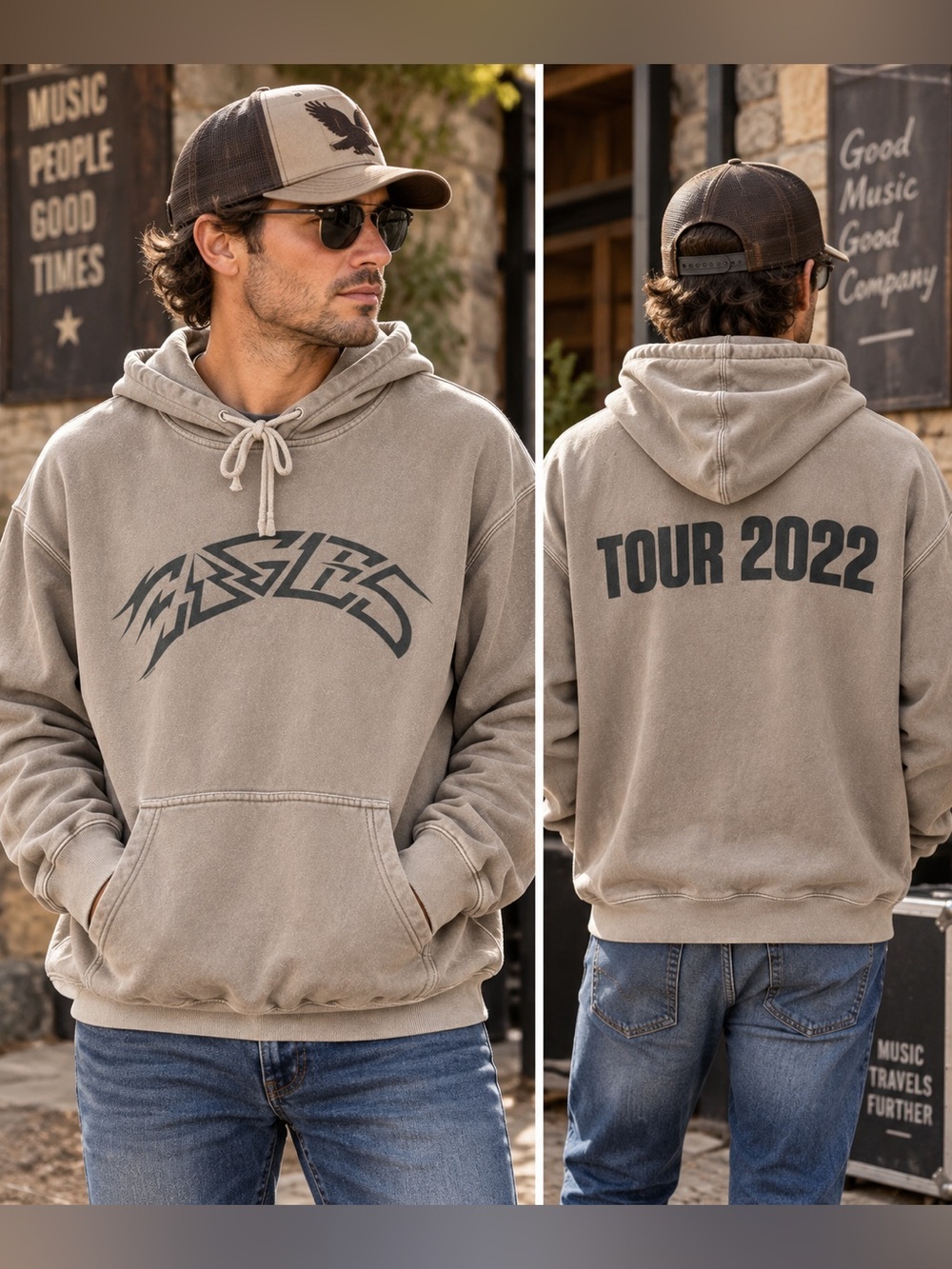 Eagles Tour 2022 Washed Taupe Hoodie Men’s Large Independent Trading Co.